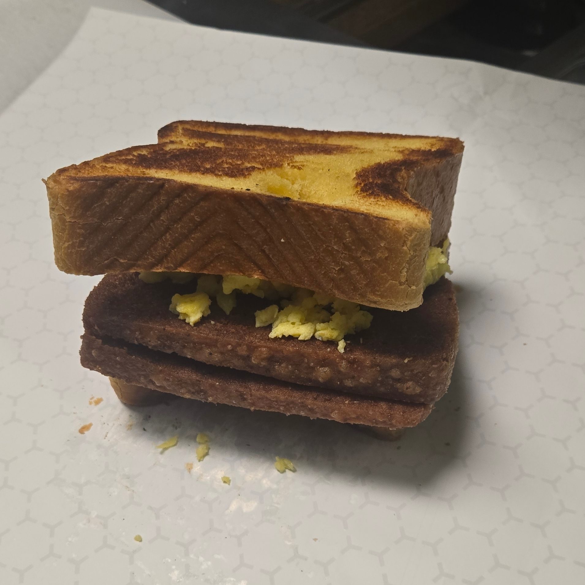Scrapple (Pork), Egg & Cheese Drop Sandwich.