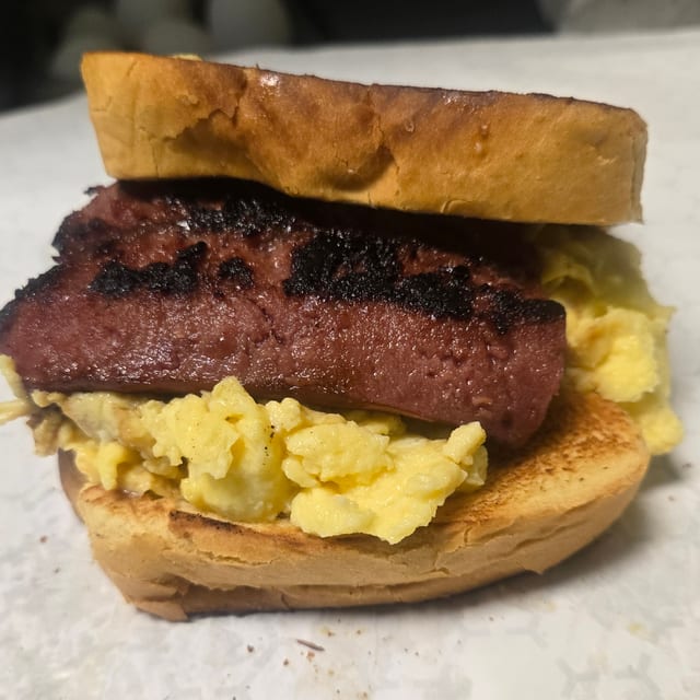 Sausage (Beef), Egg & Cheese Drop Sandwich.