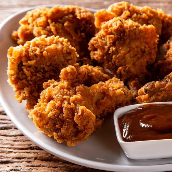 Crispy fried chicken pieces with a side of barbecue sauce on a white plate at Cafe Curbside.