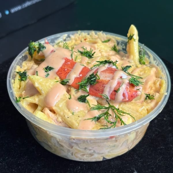 Creamy lobster pasta with penne, pink sauce, and fresh dill in a clear plastic container.